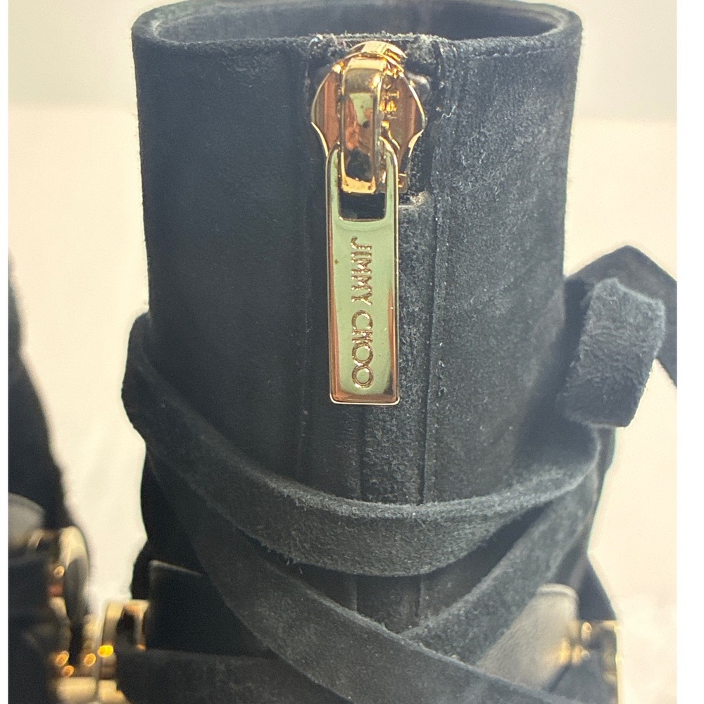 Jimmy Choo Houston 45 Black Suede Wrap Tie Ankle Boots Gold Hardware 38.5 - Picture 9 of 11